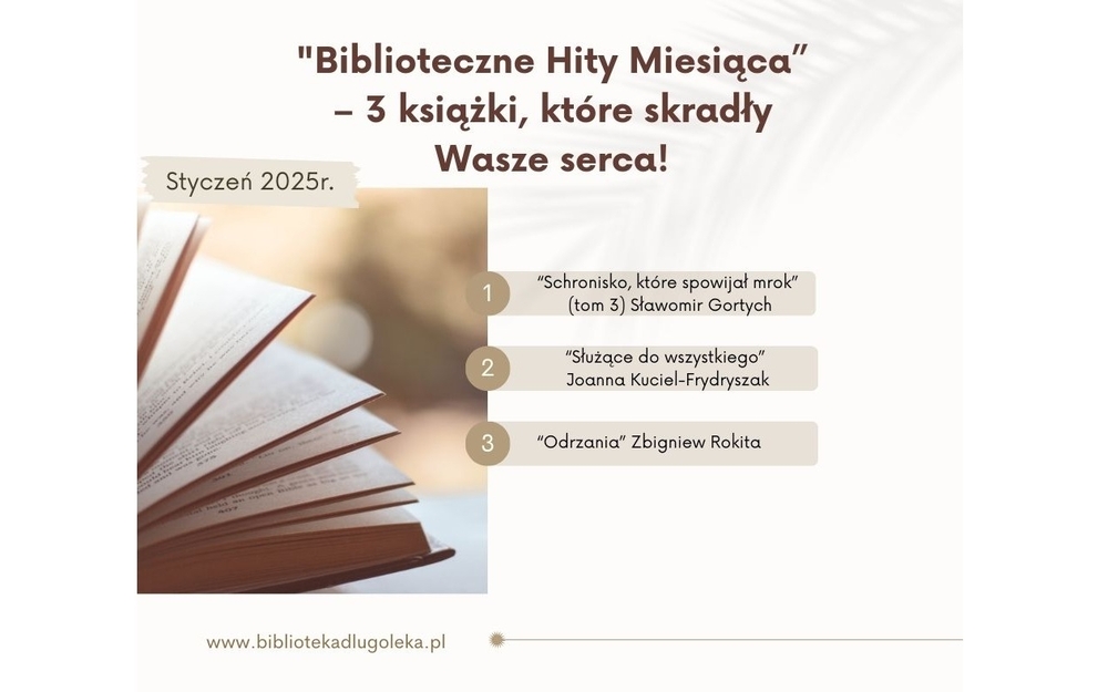 plakat z wytypowanymi tytułami najchętniej wypożyczanymi w styczniu 2025