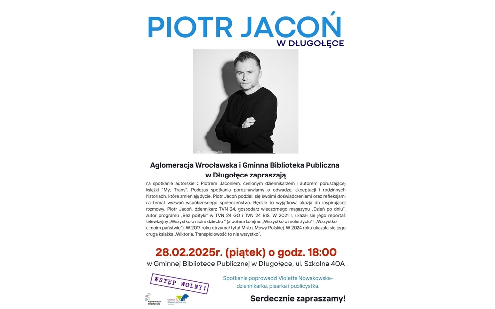plakat zapraszający na spotkanie autorskie z piotrem jaconiem