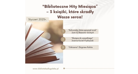 plakat z wytypowanymi tytułami najchętniej wypożyczanymi w styczniu 2025