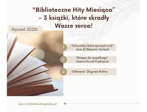 plakat z wytypowanymi tytułami najchętniej wypożyczanymi w styczniu 2025